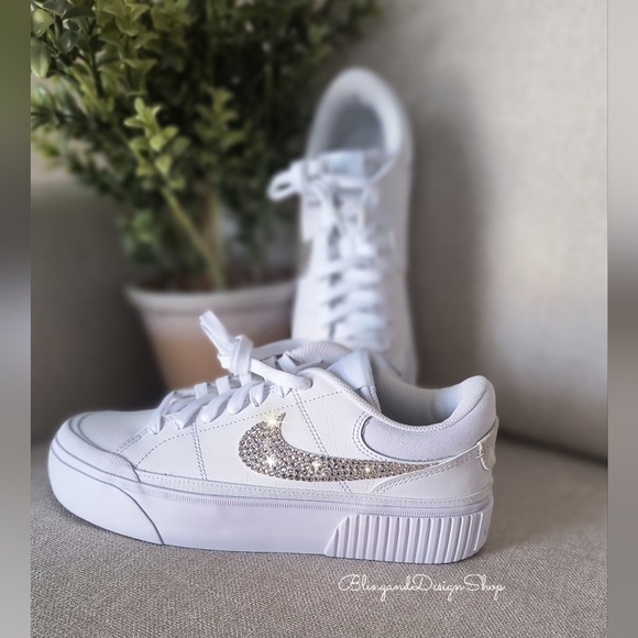 Women's Nike Court Legacy Lift White Sneakers Customized With Clear Crystals - Picture 6 of 8